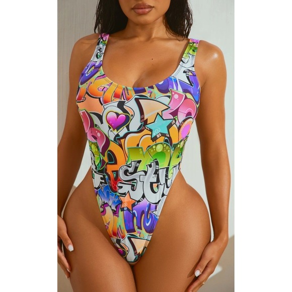 Fashion Nova Other - NWT Fashion Nova Swimsuit Women Lg Multicolor Not That Graffiti 1 Piece High Leg